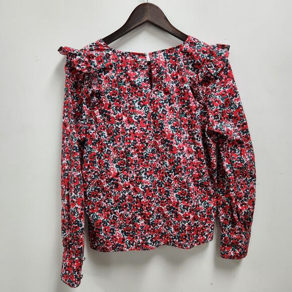 J Crew Womens Poplin Ruffle Top Size M Long Sleeve Red Multicolor Poppies Button - Picture 2 of 11